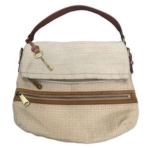 Fossil Explorer Purse Canvas Leather Cream Fold Over Boho Beach Coastal Large